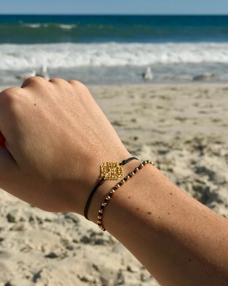 Beaded Black String Bracelet Thin Black Bracelet Gold Bead Etsy