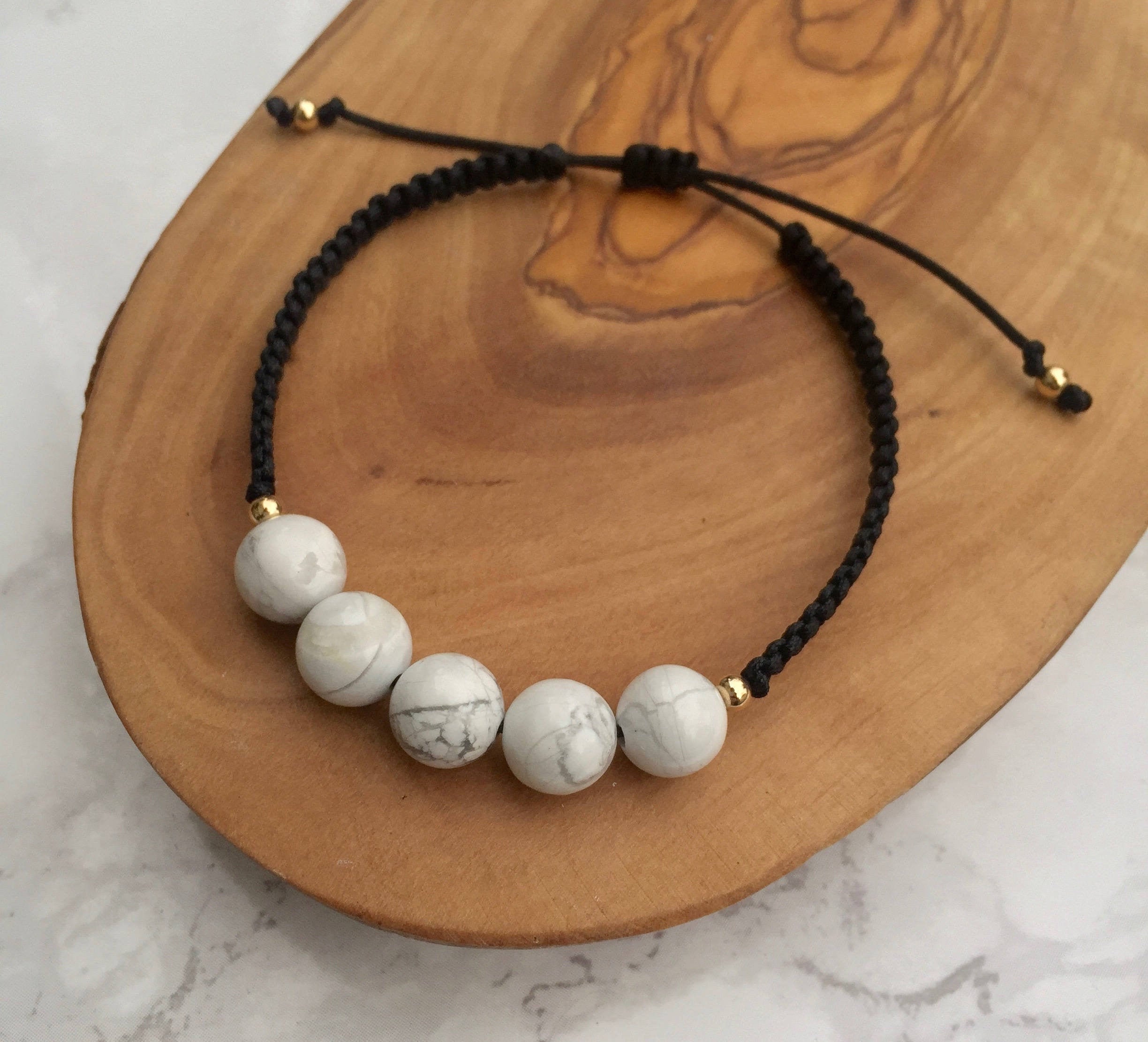 White Marble Bracelet White Howlite Beaded Bracelet Macrame Etsy