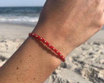 3mm Gold Beaded Red String Bracelet, Red String Bracelet with Gold or Silver Beads, Red Macrame Bracelet, Adjustable Red Bead Bracelet