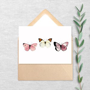 Drei Schmetterlinge - Grußkarten 10er oder 20er Pack - Blanko Karte mit Umschlag - Erinnerungsgeschenk 13x18 - Druck von Originalgemälde - Rosa