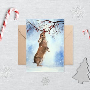Paquete de 10 o 20 tarjetas de felicitación navideñas de conejo en la nieve. Tarjeta en blanco con sobre. Regalo de recuerdo de 5 x 7. Impresión de pintura original