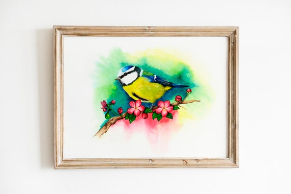 Fine Art Print of My Original Blue Tit Garden Bird Watercolour Painting Signed A3 A4 Wildlife Animal