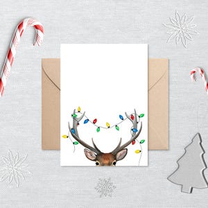 Paquete de 10 o 20 tarjetas de felicitación con ciervos y luces navideñas. Tarjeta en blanco con sobre. Regalo de recuerdo de 5 x 7. Impresión de pintura original