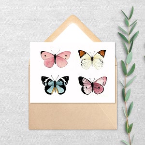 Vier Schmetterlinge - Grußkarten 10er oder 20er Pack - Blanko Karte mit Umschlag - Erinnerungsgeschenk 15x7 - Druck von Originalgemälde - Pink Teal