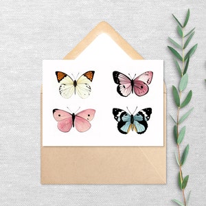 Vier Schmetterlinge - Grußkarten 10er oder 20er Pack - Blanko Karte mit Umschlag - Erinnerungsgeschenk 15x7 - Druck von Originalgemälde - Pink Teal