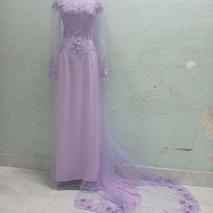 Ao dai co dau, Vietnamese traditional long wedding dress, purple, chiffon and mesh fabric, satin pants