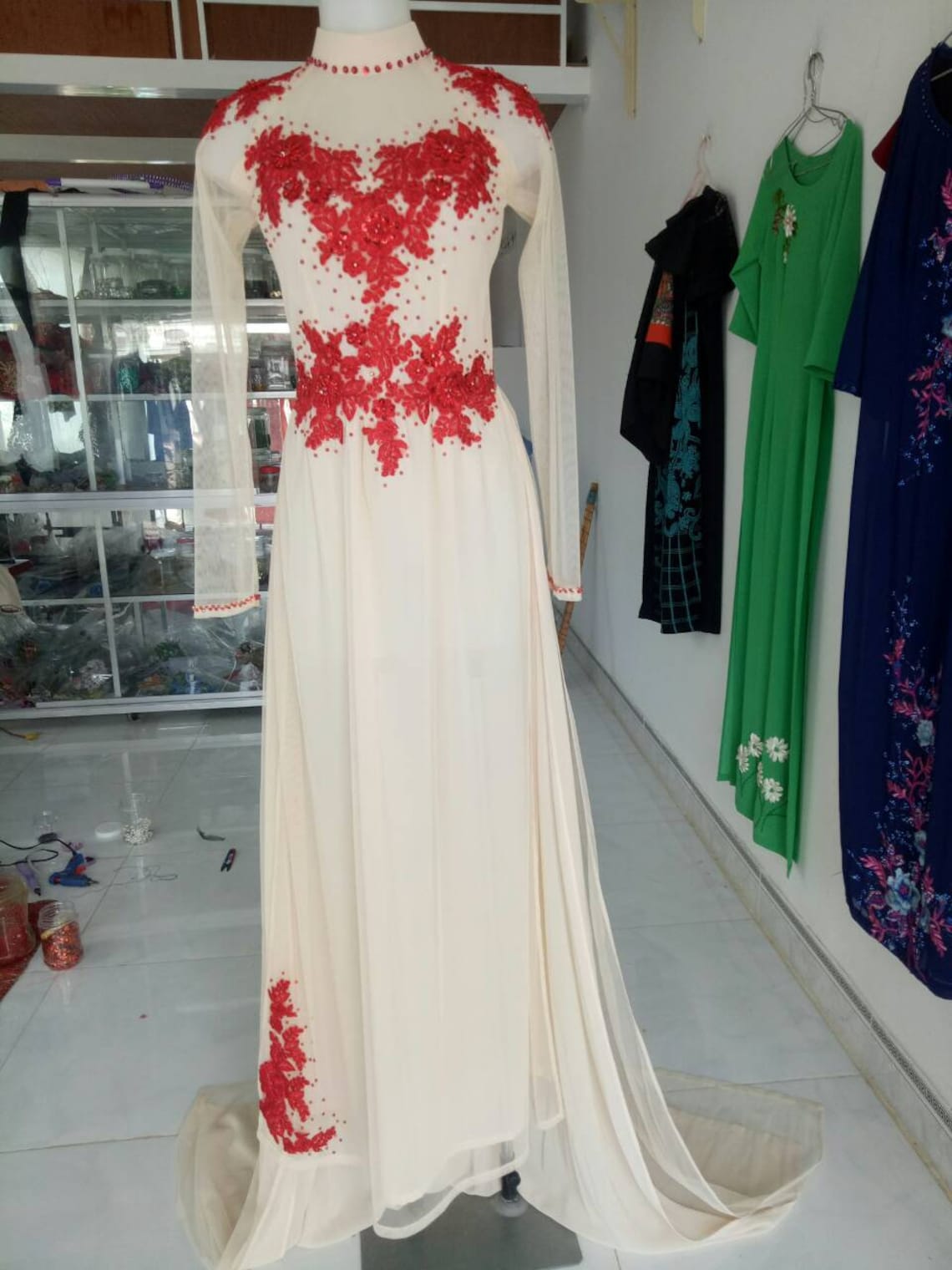 Vietnamese Traditional Long Wedding Dress Ao Dai Cuoi Ao Dai - Etsy