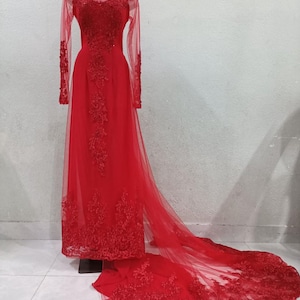 Vietnamese traditional long wedding dress, ao dai co dau,red, chiffon and mesh fabric, satin pants