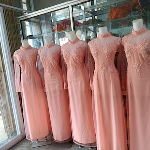 Bridesmaid dress, ao dai phu dau, Vietnamese traditional long wedding dress, peach color, pants, the price for per item