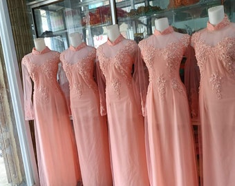 Bridesmaid dress, ao dai phu dau, Vietnamese traditional long wedding dress, peach color, pants, the price for per item