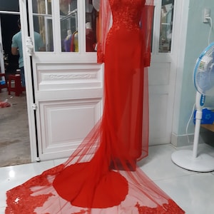 Ao dai co dau, ao dai cuoi, Vietnamese traditional wedding long dress with satin pants, red