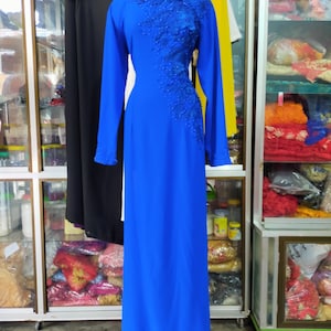 Blue silk ao dai, ao dai dinh hoa,Vietnamese traditional long dress with pants, flower