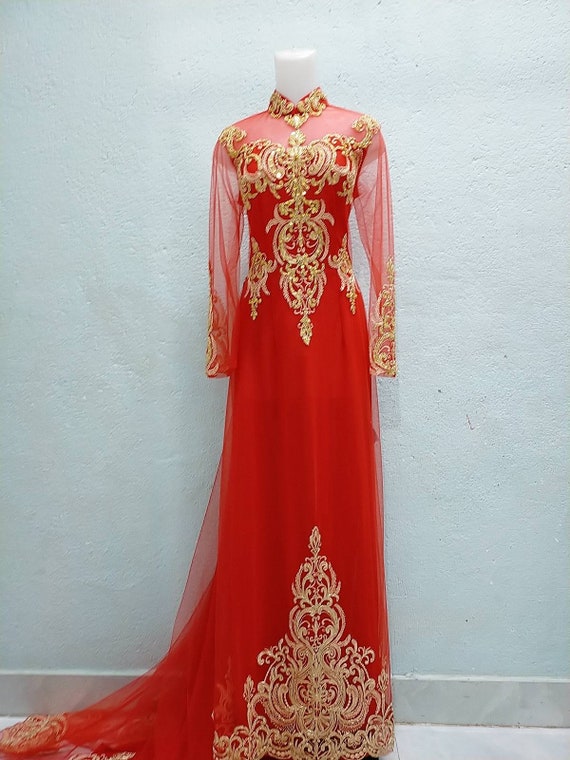 sachin and babi light blue dress Bridal AO Dai, Vietnamese Traditional Long Wedding Dress, Red Chiffon and Mesh Fabric, Pants