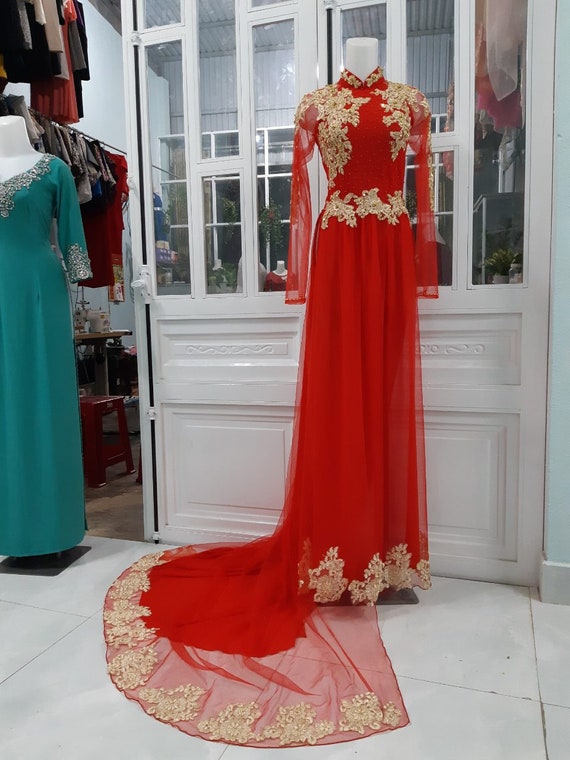 Robe longue de mariage vietnamien, ao Dai cuoi, ao Dai co DAU avec pantalon en satin, voile et tissu en mousseline de soie