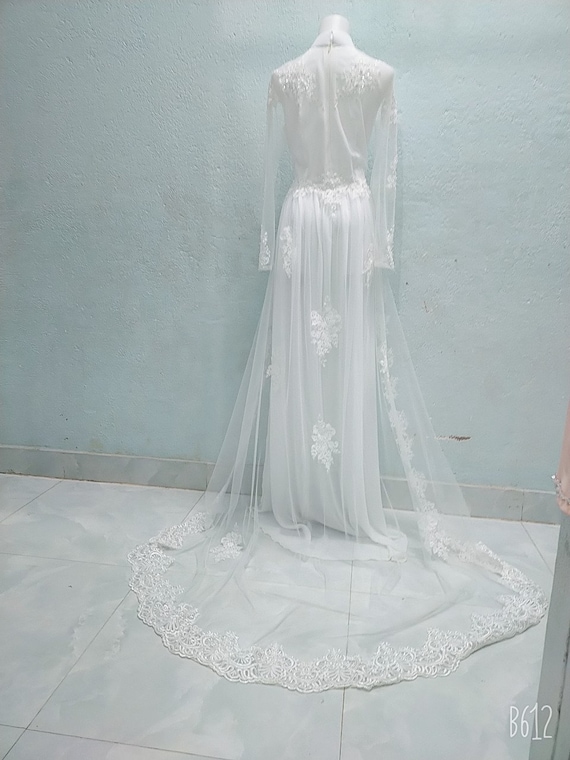 White ao dai cuoi, 2 layers, chiffon and mesh fabric, ao dai co dau,  Vietnamese traditional long wedding dress with pants