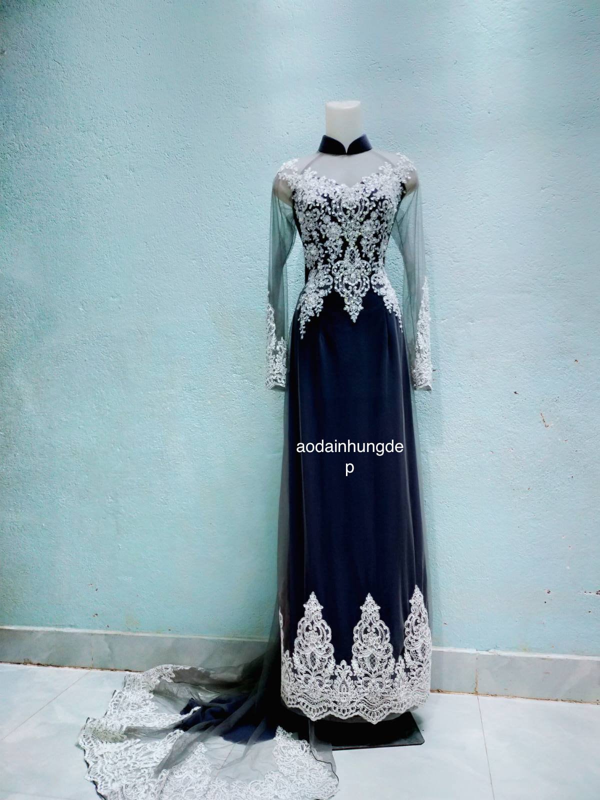 Dirty blue color, Vietnamese traditional wedding long dress, ao dai co dau, ao dai cuoi, bridal long dress with pants, chiffon & mesh fabric