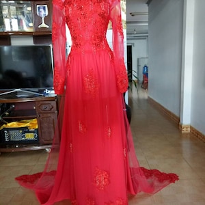 Vietnamese traditional wedding long dress, ao dai cuoi, ao dai co dau, red, pants