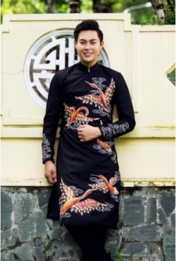 Ao dai chu re, Vietnamese traditional long dress black Ao Dai For Men NO  PANTS