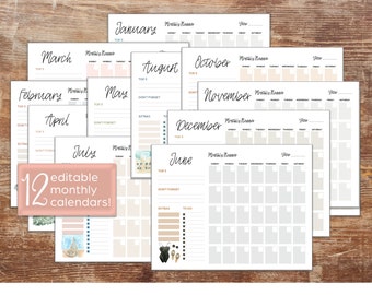 12 Editable Monthly Calendars | Printable Undated Monthly Planner | Aesthetic Neutral Planner Insert