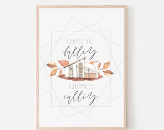Geometric Fall Leaves and House Print / Neutral Modern Farmhouse Sign / Autumn Digital Download / Printable Farmhouse Signs