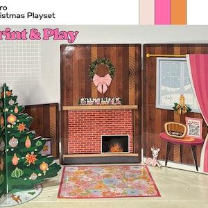 May include: A printable retro Christmas playset featuring a fireplace, a Christmas tree, a rug, and a room with a window and curtains. The playset includes the text "Print & Play".