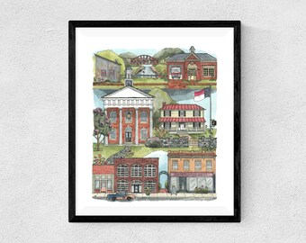 Hillsborough, NC watercolor art print // housewarming gift • graduation gift • moving gift • closing gift • souvenir • north carolina