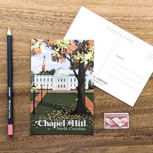 A postcard with a retro-inspired design of the UNC campus. Chapel Hill, North Carolina is printed at the bottom in a blue retro font.