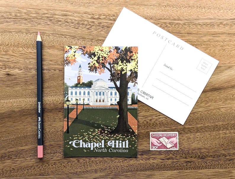 A postcard with a retro-inspired design of the UNC campus. Chapel Hill, North Carolina is printed at the bottom in a blue retro font.