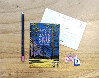 Postal de Longleaf Pine, Carolina del Norte // postal de lujo • diseño vintage • arte de viaje retro • recuerdo de boda • recuerdo de Carolina del Norte