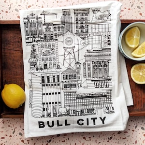 Durham, North Carolina tea towel // bull city • housewarming • graduation • moving • closing gift • souvenir • hand towel • kitchen towel