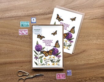 Juego de tarjetas de agradecimiento Monarch // tarjetas de felicitación • tarjetas de acuarela • pintura botánica • paquete de tarjetas de agradecimiento • algodoncillo • tarjeta de flores silvestres