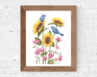 Impresión artística de acuarela de girasoles y pájaros cantores // decoración de pared • banderines índigo • ilustración botánica • arte de aves • pintura de acuarela