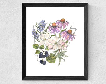 Arkansas Watercolor Botanicals art print // art print • wall decor • housewarming • Mother's Day • house closing • souvenir • moving gift