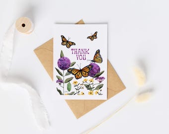Tarjeta de agradecimiento Monarch // tarjeta de felicitación • pintura botánica • algodoncillo • acuarela floral • nota de agradecimiento • tarjeta de notas pensando en ti