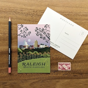 Raleigh, NC Postcard // luxe postcard • vintage design • retro travel art • Raleigh skyline • wedding favor •  north carolina souvenir