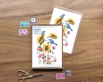 Juego de papelería Girasoles y pájaros cantores // Tarjetas de felicitación • Tarjetas de notas de acuarela • Pintura botánica • Tarjeta de flores silvestres • Acuarela de aves