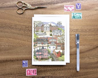 Tarjeta de felicitación de Cary, Carolina del Norte. Tarjeta de inauguración de la casa. Tarjeta en blanco. Papelería. Recuerdo. Mini impresión. Acuarela.