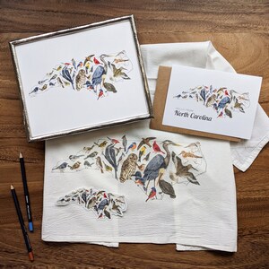 the Birds of North Carolina design is available as art prints, notecards, tea towels, and stickers