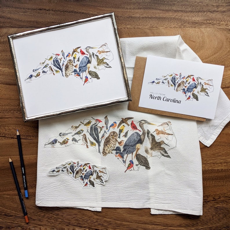 the Birds of North Carolina design is available as art prints, notecards, tea towels, and stickers