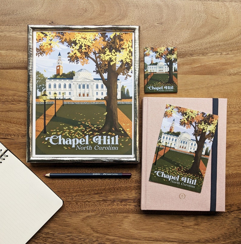 This design of UNC is available as postcards, magnets, and 8x10 prints, all pictured here.