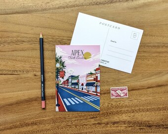 Postal de Apex, Carolina del Norte // Postal de lujo • Diseño vintage • Arte de viaje retro • Recuerdo de boda • Recuerdo de Carolina del Norte