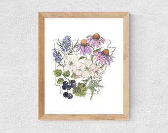 May include: A watercolor illustration of the state of Arkansas, outlined in black, filled with various flowers and berries. The flowers include purple coneflowers, white apple blossoms, and blue flowers. The berries are black and clustered together.