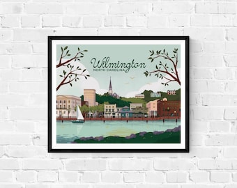 Paseo del río en Wilmington, Carolina del Norte // Impresión de arte retro // 8x10 • 11x14 • póster de viaje • Carolina del Norte • diseño vintage