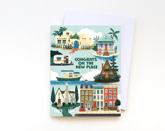 Tarjeta de inauguración de una casa nueva // ilustración de arquitectura • en blanco • nuevo propietario • tarjeta de apartamento nuevo • regalo de cierre • mudanza • vida en furgoneta