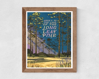 Impresión artística de viaje de Longleaf Pine, Carolina del Norte