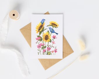 Tarjeta de notas con girasoles y pájaros cantores // tarjeta de felicitación • pintura botánica • acuarela floral • pensando en ti • interior en blanco • papelería