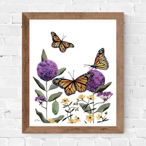 Monarchs & Milkweed watercolor art print // wall decor • monarch butterflies • botanical illustration • native plants • butterfly art