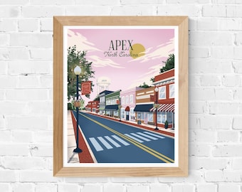 Impresión artística de viaje retro de Apex, Carolina del Norte