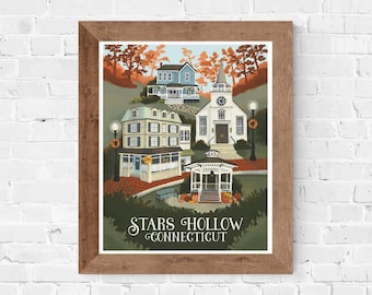 Impresión artística de viaje retro de Stars Hollow Gilmore Girls de 8 x 10 pulgadas