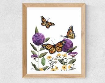 Monarchs & Milkweed watercolor art print // wall decor • monarch butterflies • botanical illustration • native plants • butterfly art